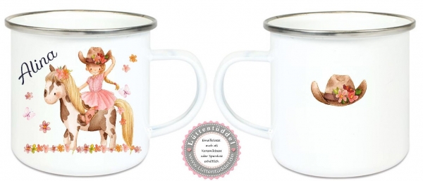 ♥ zauberhafte Tasse Emailletasse,COWGIRL Pony Pferd Blumen Reitunterricht Name Wunschname KITA Kindergarten Einschulung Becher Lüttentüddel